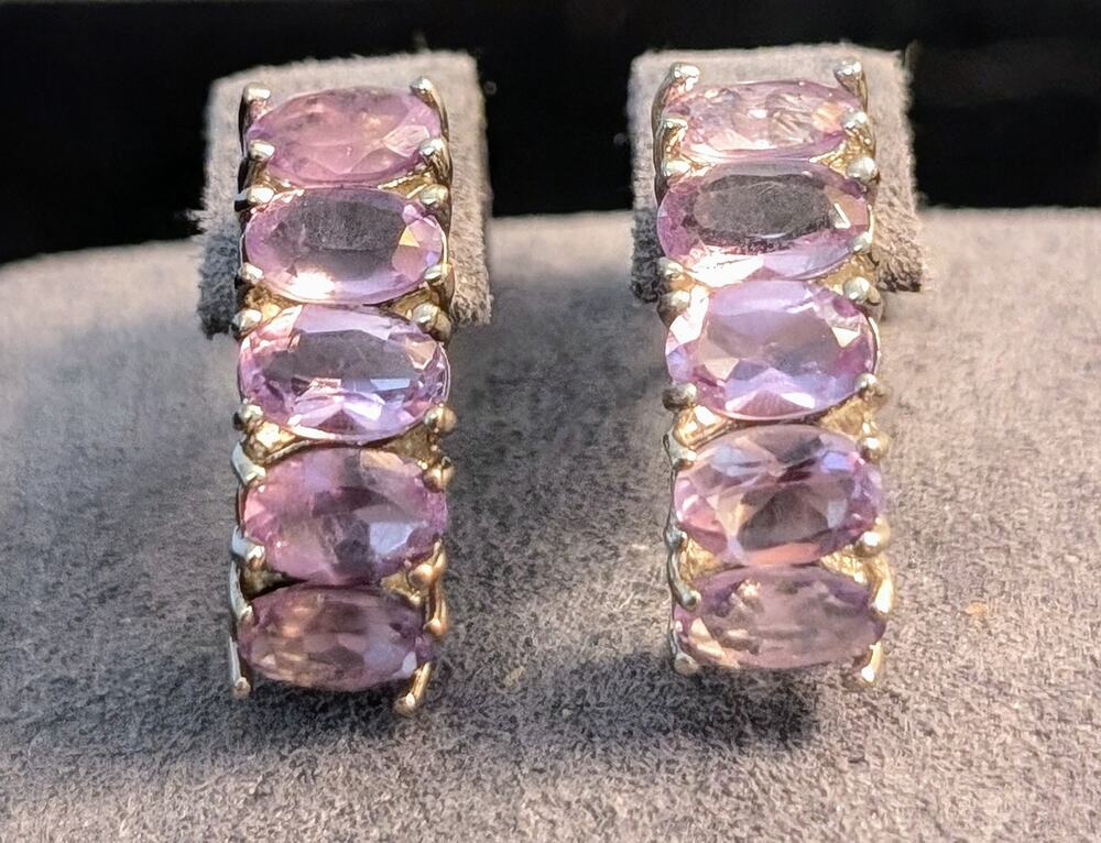 Pink Gemstone 925 Sterling FAS Half Hoop Post Earrings